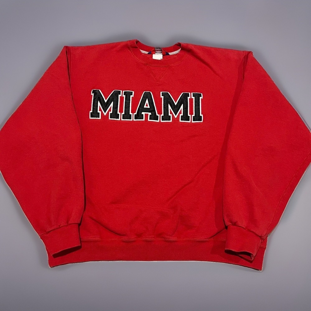 VTG 90s Champion Miami Red Reverse Weave College Pullover Heavy Sweatshirt L